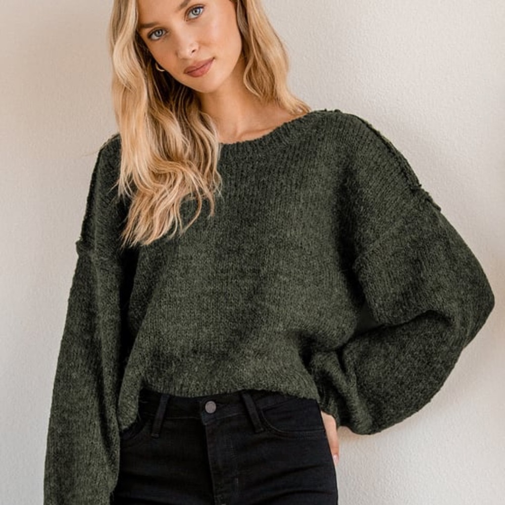 Lulu’s Always Together Forest Green balloon sleeve sweater